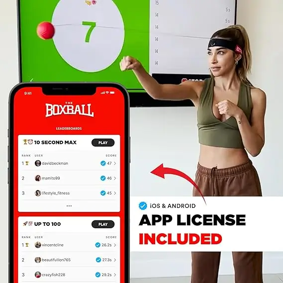 Boxing Reflex Ball Review 2 Woman using the Boxbollen boxing reflex ball with app integration displayed on a smartphone and TV, featuring leaderboard rankings and an included app license for iOS and Android.