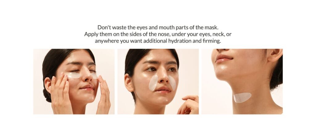 A woman demonstrates how to repurpose the eye and mouth cutouts of a sheet mask by placing them under her eyes, on the sides of her nose, and on her neck.