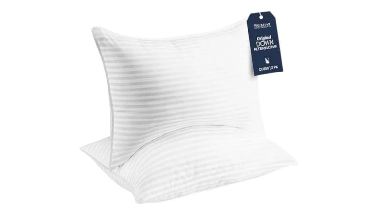 Beckham Hotel Collection Cooling Pillow: A Side Sleepers Review 2 Beckham Hotel Collection cooling pillow for side sleepers with a striped white cover and a tag reading 'Original Down Alternative.