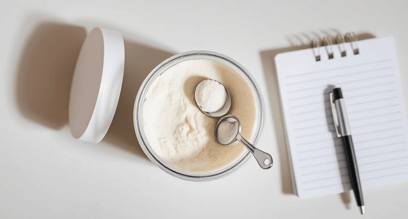 The Best Collagen Peptides Unflavored Powder for Skin Care review 2 An open container of Vital Proteins Collagen Peptides Unflavored Powder with a scoop, accompanied by a notepad and pen on a table.